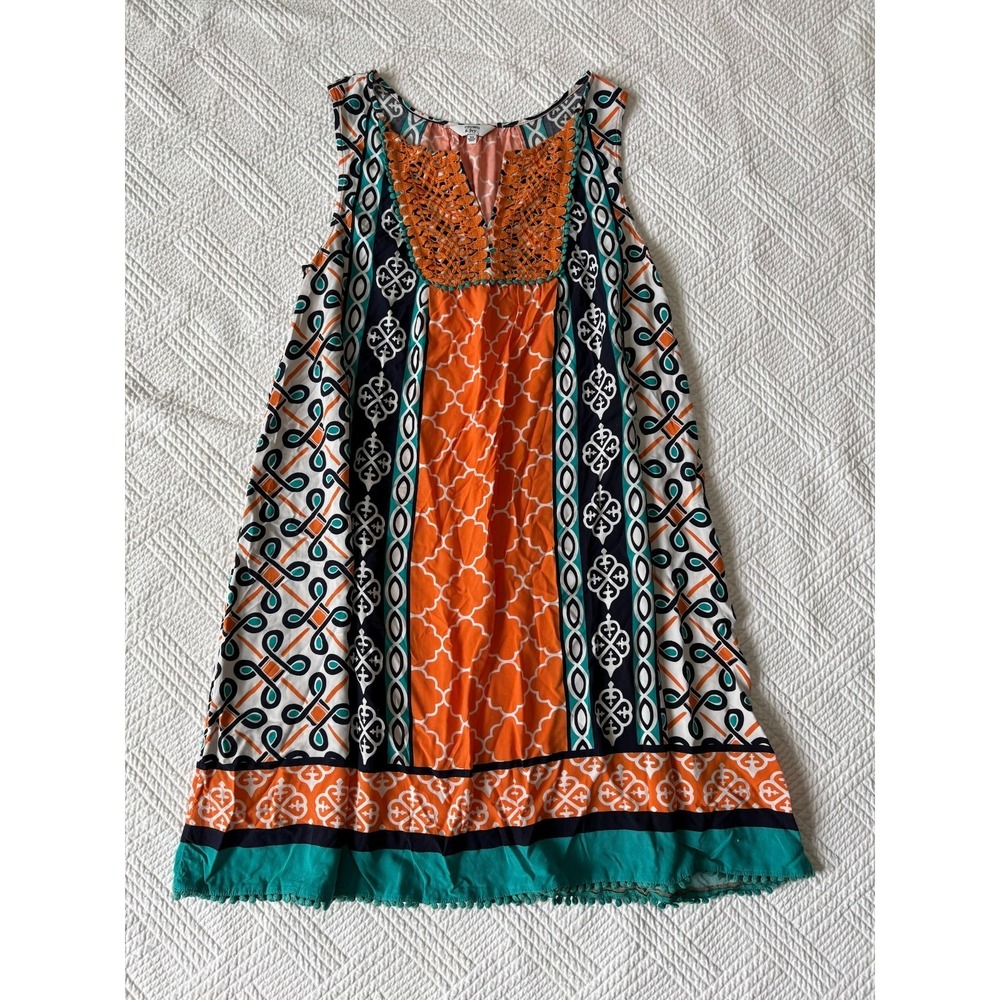 Crown & Ivy Women's XS Sun Dress Sleeveless Orange Teal Lace Accent Summer